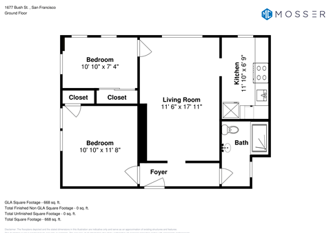 Floor plan for 2 beds, 1 bath, 650 sqft